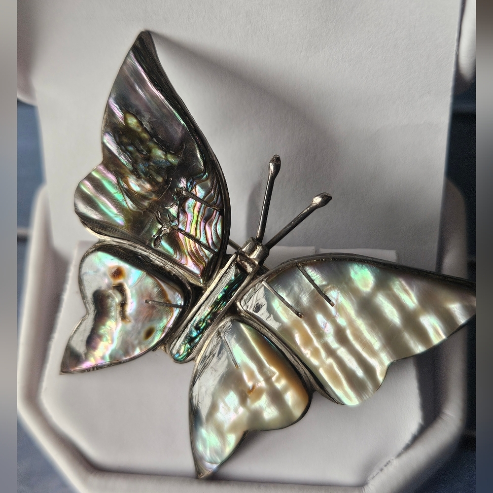 #115 Butterfly Brooch Iridescent Abalone Mexico 925 Sterling Silver
